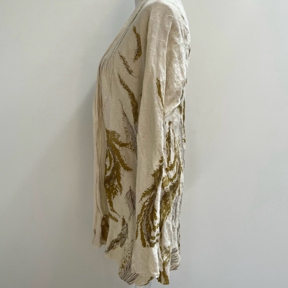 Anthropologie thin knit ecru gold metallic feather print open cardigan sweater M - Picture 9 of 11